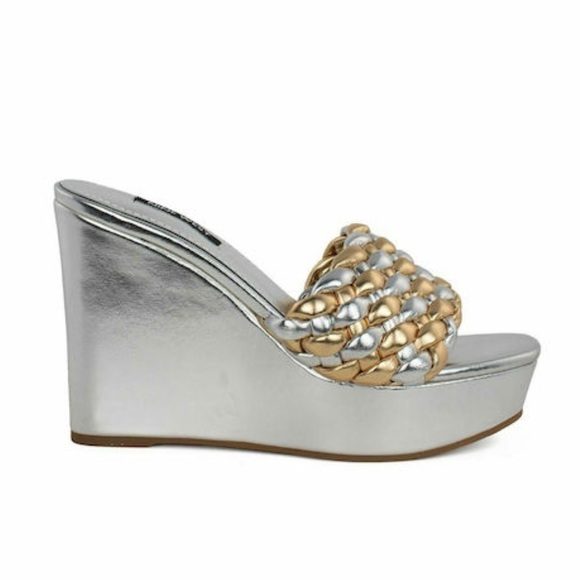 NINE WEST KAT 3 Metallic Silver & Gold Basketweave 4.5” Wedge NWOT Size … - Picture 2 of 11